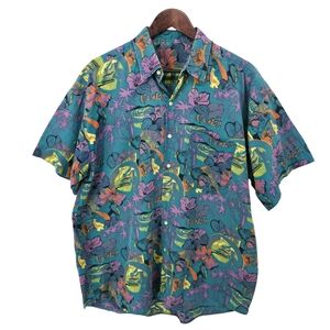 Vintage Bill Blass Graphic Print Shirt Mens XL Teal Tropical Hawaii Print Poplin